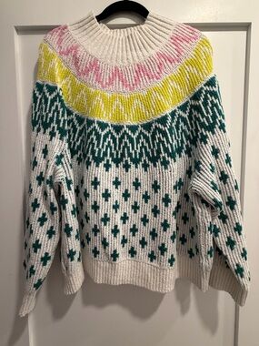 Old Navy Cream Cowl Sweater with Teal, Yellow & Pink Yoke